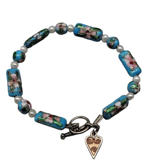 Blue Cloisonne & Faux Pearl Bead Bracelet Dangling Heart Charm 7.5 Toggle Close - Picture 14 of 14